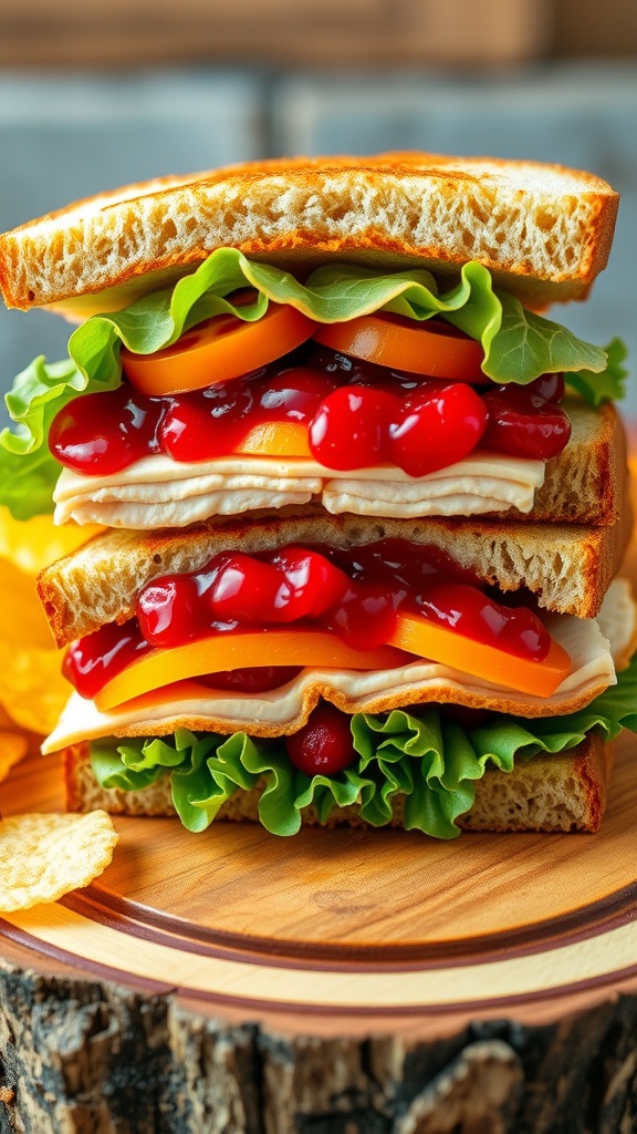 Savory Thanksgiving Turkey Sandwich Recipe A stacked Thanksgiving turkey sandwich with turkey, cranberry sauce, and lettuce on toasted bread, served with chips.